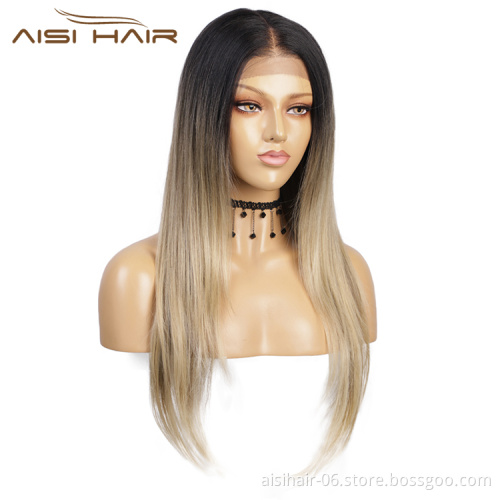 Aisi Hair Wholesale Long Silky Straight Wig Lace Ombre Blonde Dark Root Wig Cheap Synthetic Hair Lace Front Wigs For Black Women